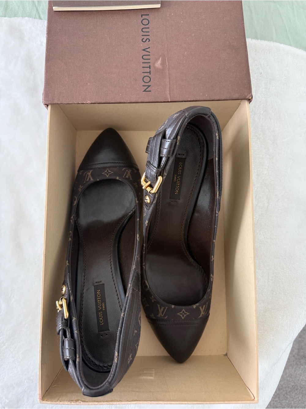 Louis Vuitton Brown Monogram Pointed Toe Heels with Gold Buckle - Picture 6 of 7
